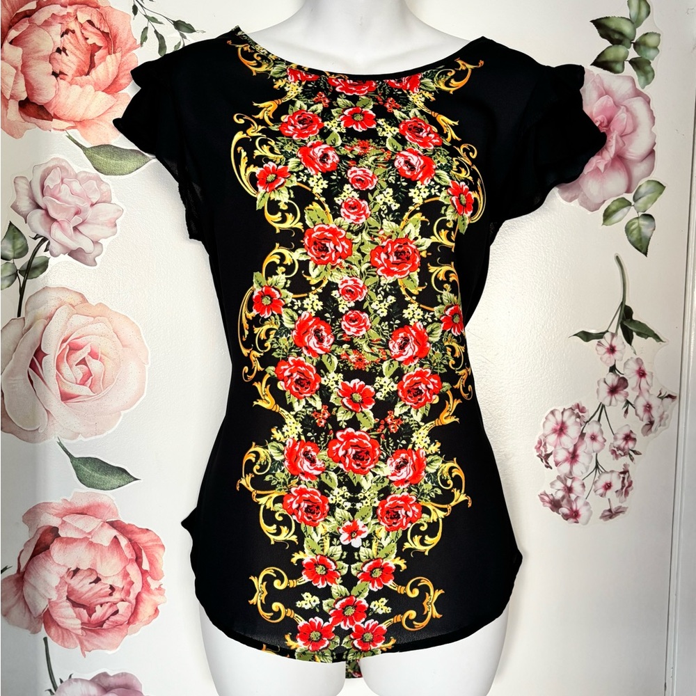 Fitted Black and Red Graphic Blouse with Cap Sleeves